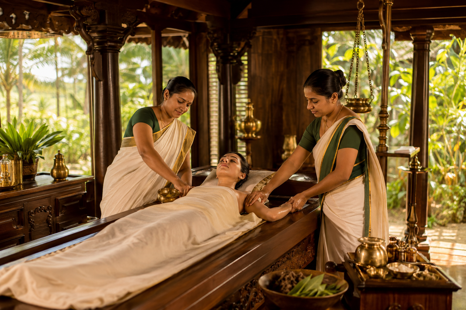 Herbal oil therapy with professional practitioners at a Kerala Ayurveda retreat