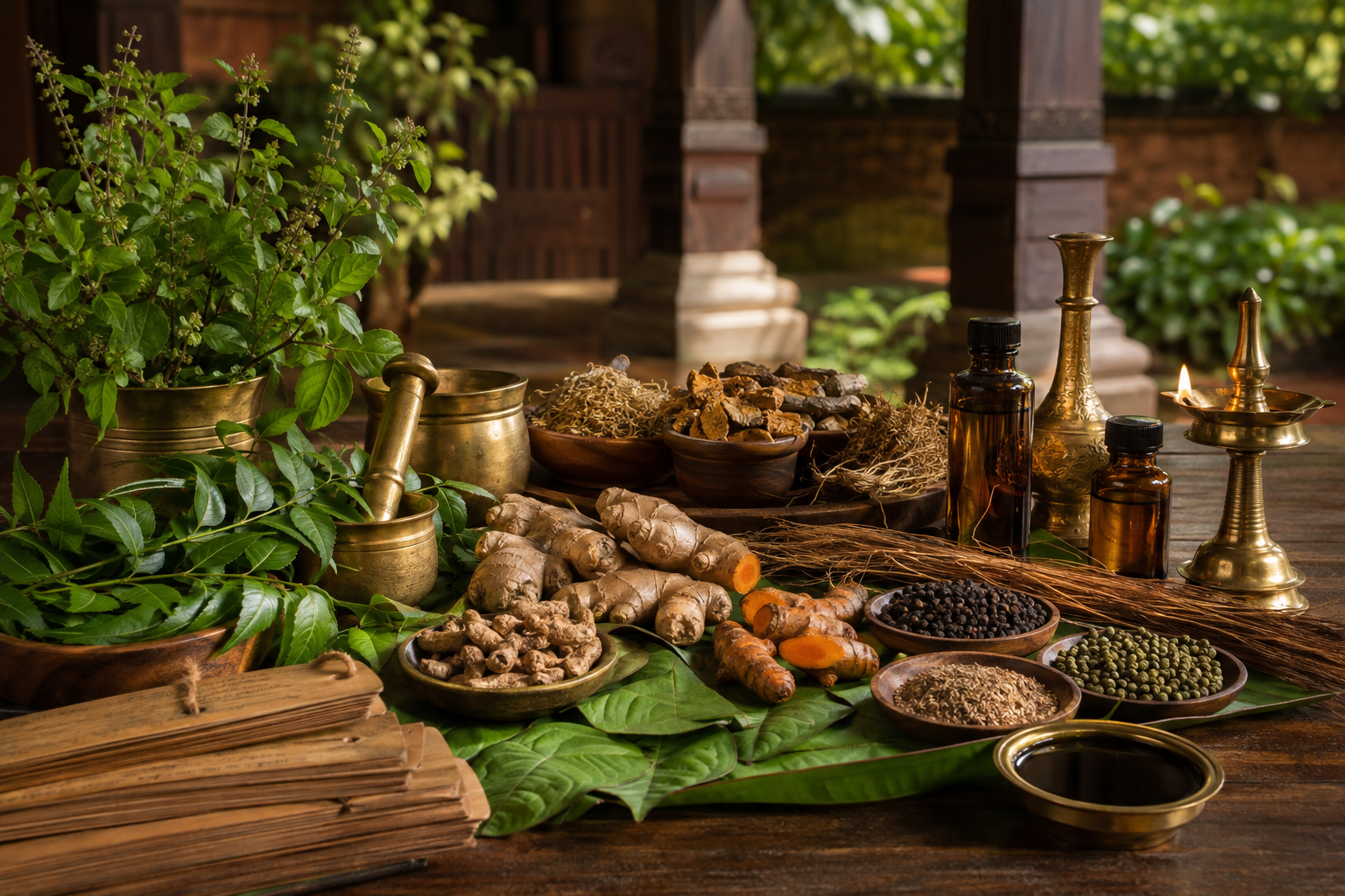 Kerala medicinal herbs, brass vessels and traditional herbal oils