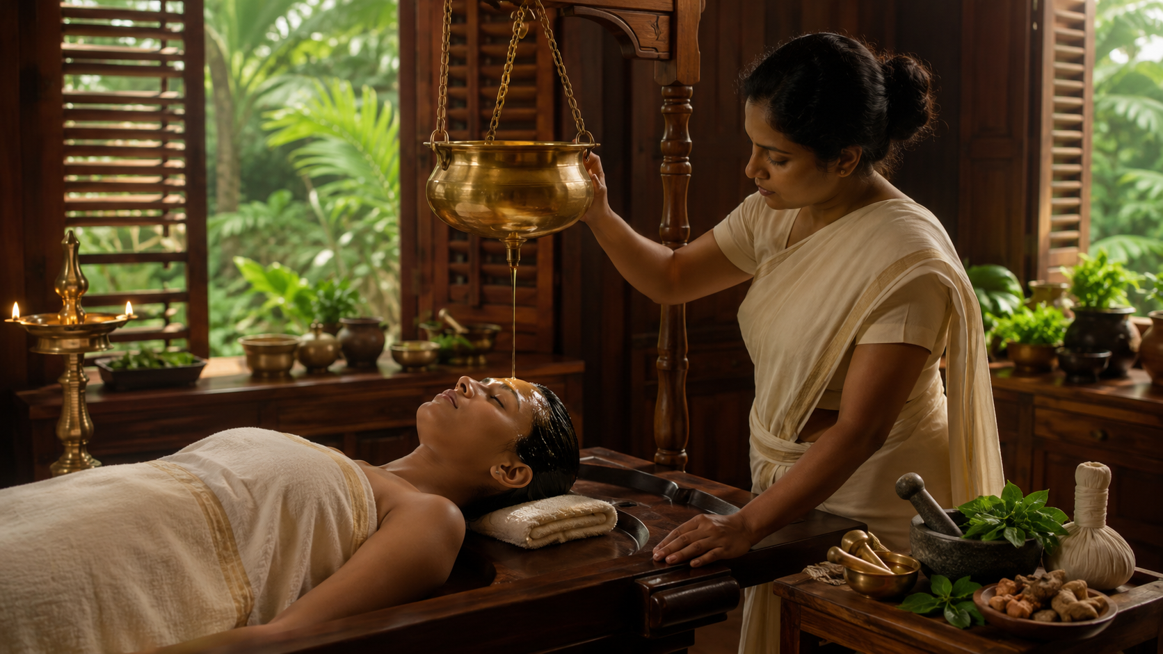 Traditional Shirodhara treatment in a Kerala Ayurveda retreat